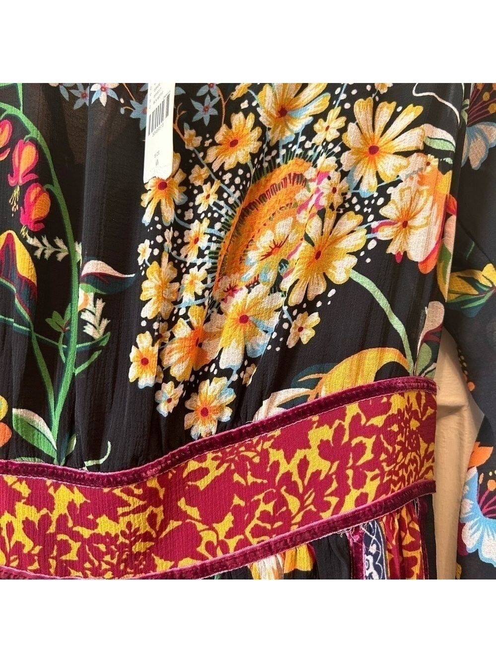 NEW Anthropologie Black Motif Boho Floral Velvet Trim Midi Dress Sz OUS Lined - Picture 3 of 14